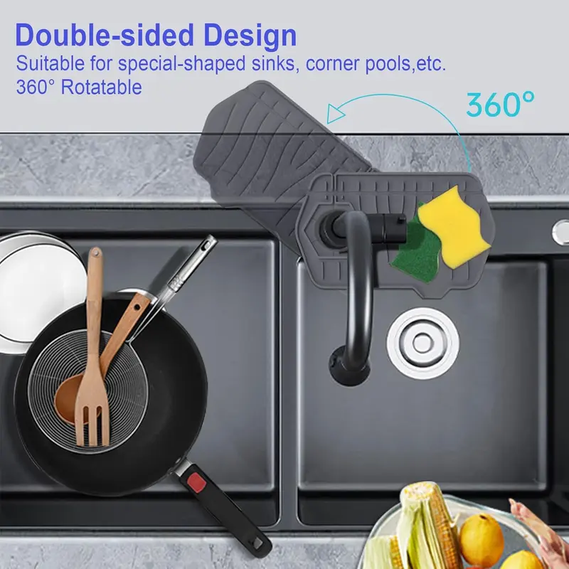 Silicone Sink Splash Tray Mat, Silicone Draining Mat Around Tap, Kitchen Sink Splash Guard, Sink Mat, Sink Faucet Mat, Behind Faucet Protector Mat for Kitchen Bathroom Countertop 3