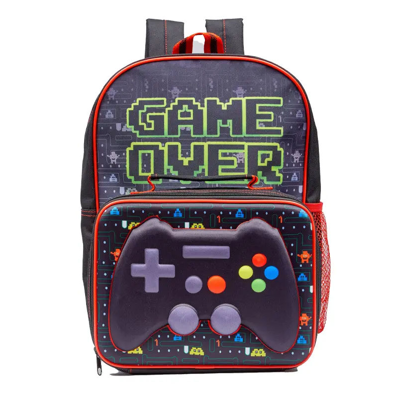 Kids Boys Game Over Backpack Set with Detachable Lunch Bag and Water Bottle