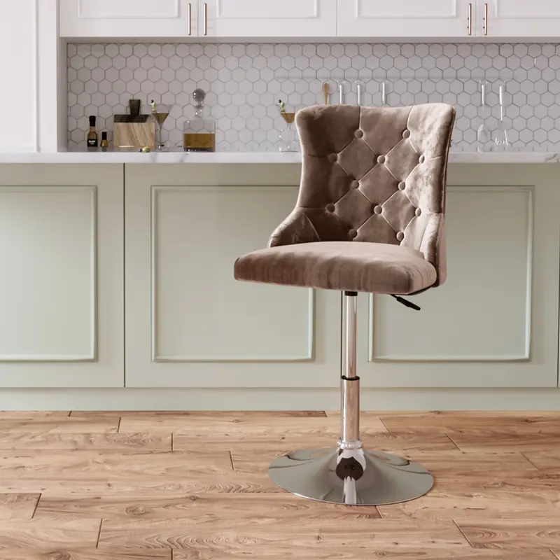 Livingandhome Modern Velvet Upholstered Adjustable Bar Stool with Polished Chrome Base 2