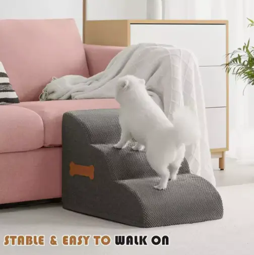 Grey Dog Stairs Pet For Bed Sofa Cats Ladder Ramp With Removable Cover Portable 3