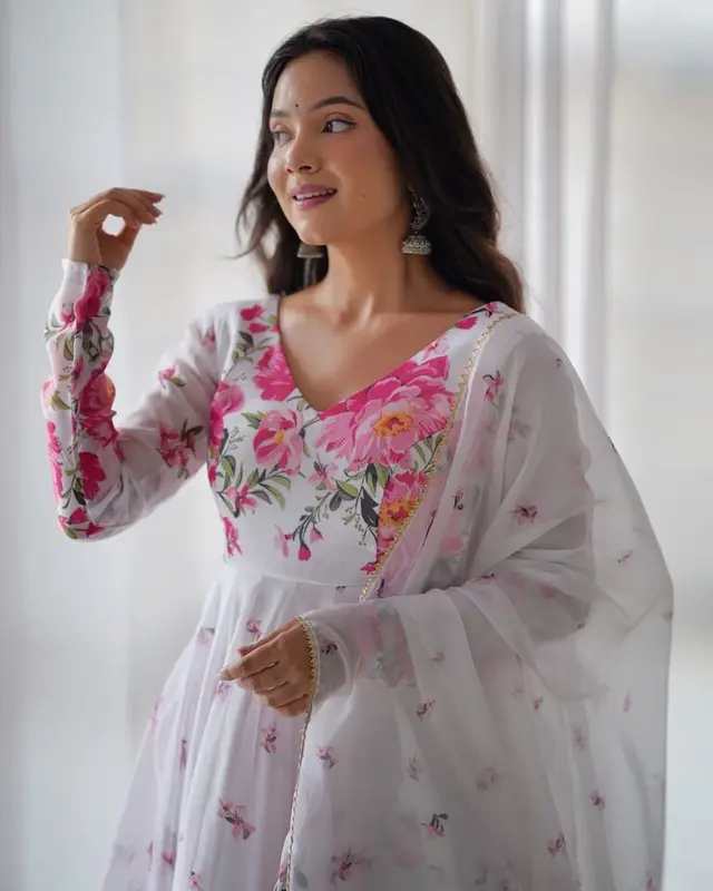 White Pink Flower Organza Printed Anarkali Dress & Dupatta Set 3
