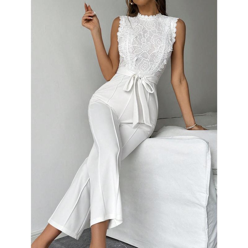 Firerie Women's Elegant Commuter White Lace Splicing Sleeveless High Waist Long Jumpsuit,White Long Jumpsuit,Women Rompers,Sleeveless Jumpsuit,Slim Fit Long Jumpsuit,Teacher Clothes,Teacher's Jumpsuit,Suitable For Daily, Party, Homeco Fabric Polyester 0