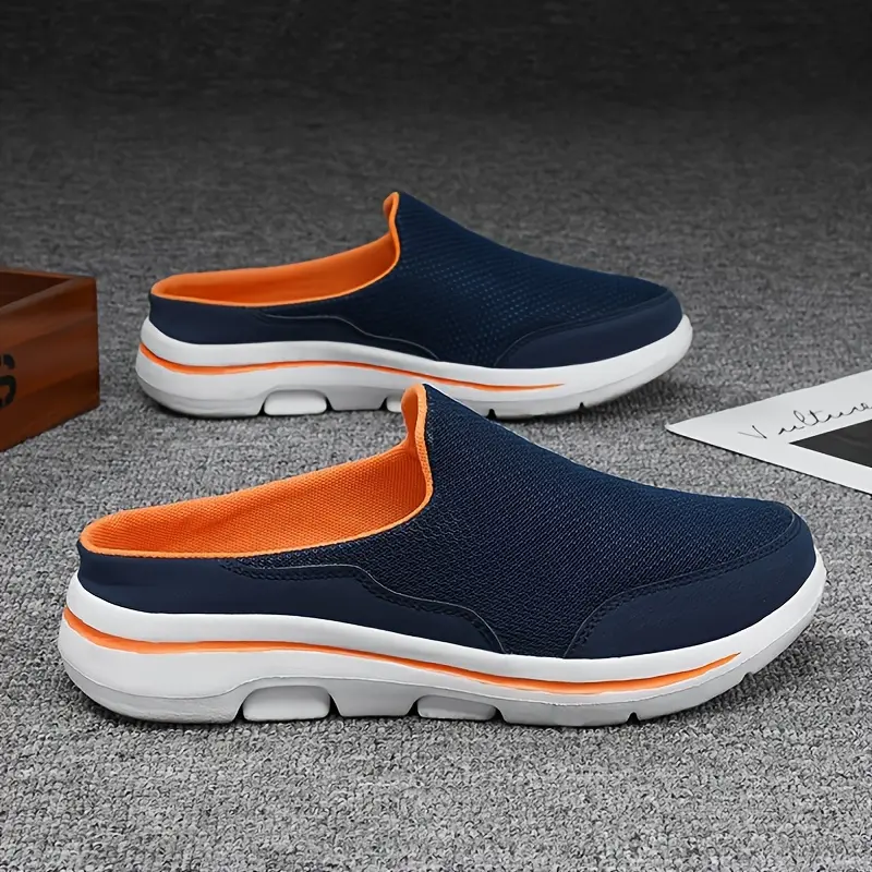 Men's Fashionable Slip-On Athletic Mules - Breathable Mesh Upper, Cushioned Fabric Lining, Non-Slip PU Sole, Navy Blue with Orange Accents, Comfortable Wear|Stylish Slipons|Mesh Upper Slippers, Mule Shoes