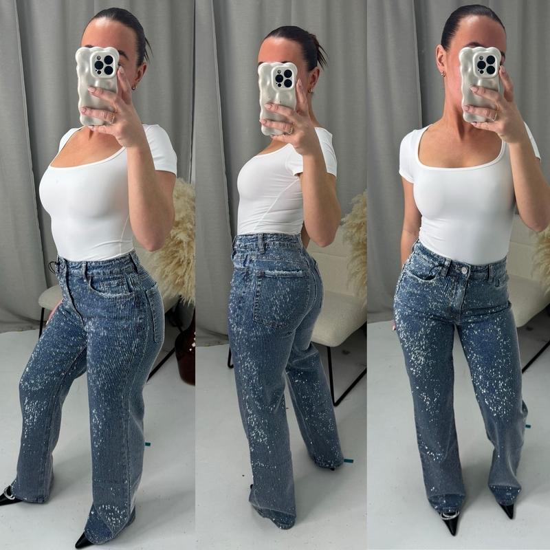 Product Introduction of Diamonte Rhinestone Jeans High Waist Christmas Party Trousers - A1089/046 Womenswear Bottom Pants Comfort Basic Dark Grey Denim Minimalist stretch  tummy  control  jeans Fitted 2