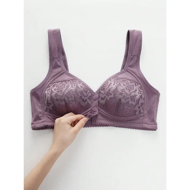 3pcs Set Front Button Closure Wireless Bra, Comfortable & Breathable Ladies Lingerie Lace Womenswear Comfy Basic Minimalist 8