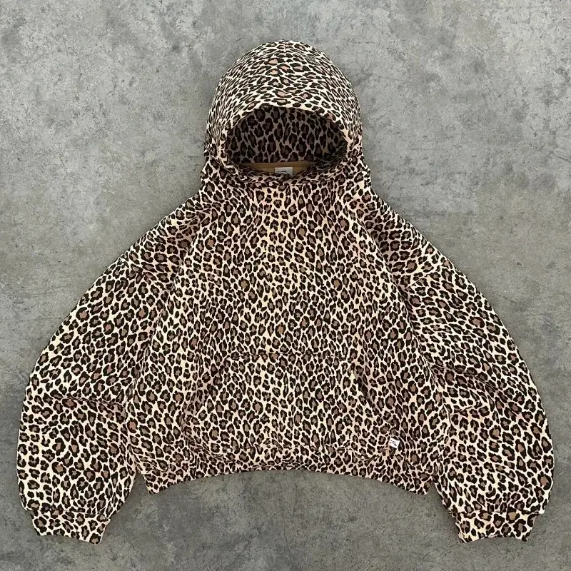 Leopard Print Plus Velvet Hooded Sweater Retro 90s Lined With Plush Winter Warm Zipper Shirt Oversized Unisex Clothing Menswear Tops 3