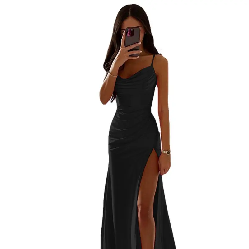 Summer Women's Sexy Vintage Tulle Long Dress  Spaghetti Strap Satin Pleated Low-cut V Neck High Split dress Party Gown Ball 6