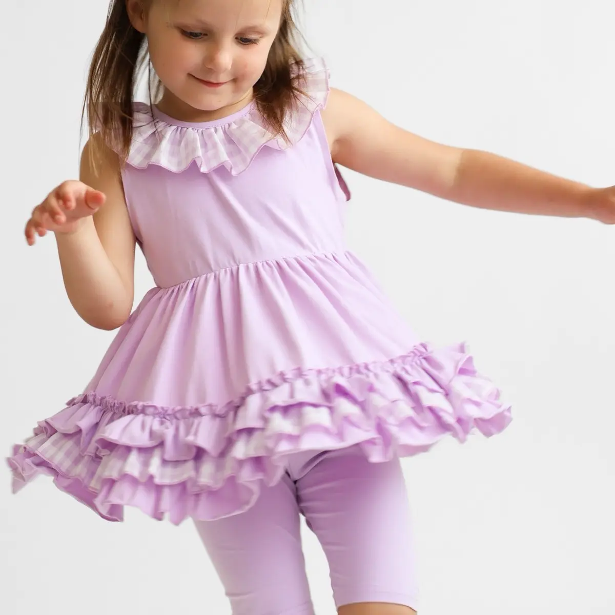 Remi girls lilac frilly ruffle layered gingham short set