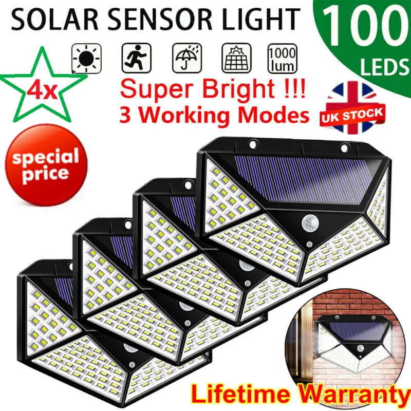 4X Solar Power PIR Motion Sensor Wall Lights 100LED Outdoor Garden Security Lamp