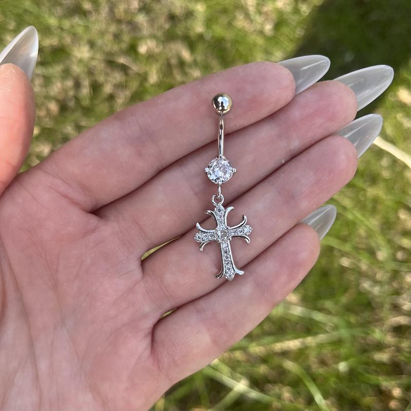 Cross Belly Button Piercing, Gold/Silver Rhinestones Navel Piercing, Pendant Dangle Belly Bar Piercing, Stainless Steel, Navel Rings Gothic ring bars 4