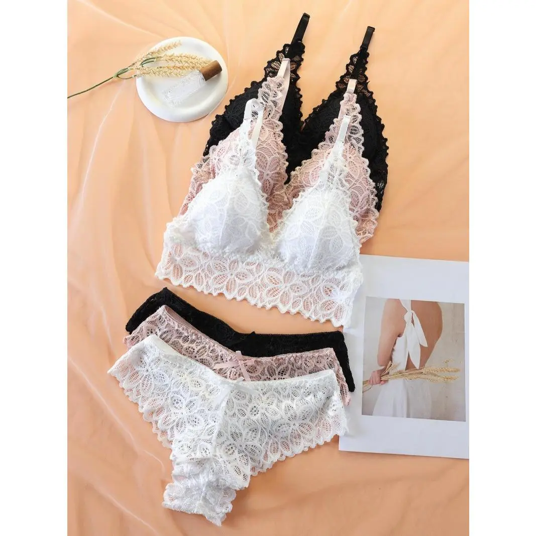 Women's Simple Contrast Lace Wireless Bra & Bow Panty Set, Lady Adjustable Spaghetti Strap Bralette & Knicker, Comfort Summer Clothes, Lingerie & Underwear Set, Underwear for Women, Co Ords for Women Womenswear Comfortable