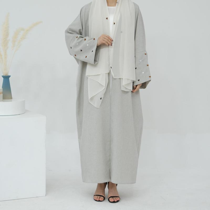 HASASERIES HS0998 2pcs Set Heart Embroidered Cardigan Robe and Love Hijab party  abaya abaya  women 4