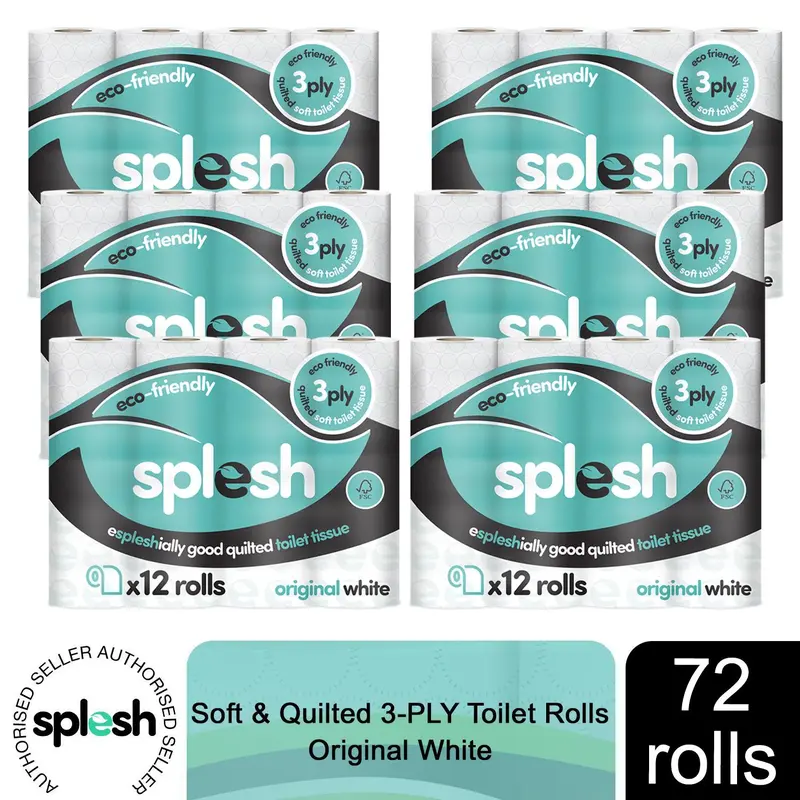 Splesh by Cusheen Quilted Luxury White 3 Ply Soft Toilet Tissue Paper 72 Rolls 0