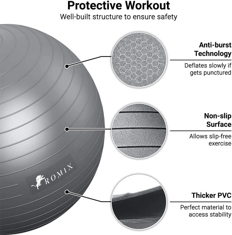 ROMIX Exercise Ball, 55cm 65cm 75cm Anti-burst Extra Thick Birthing Pregnancy Ball with Pump, Fitness Swiss Gym Yoga Ball for Labour Stability Pilates Balance Ball Workout Physical Therapy SILVER 1