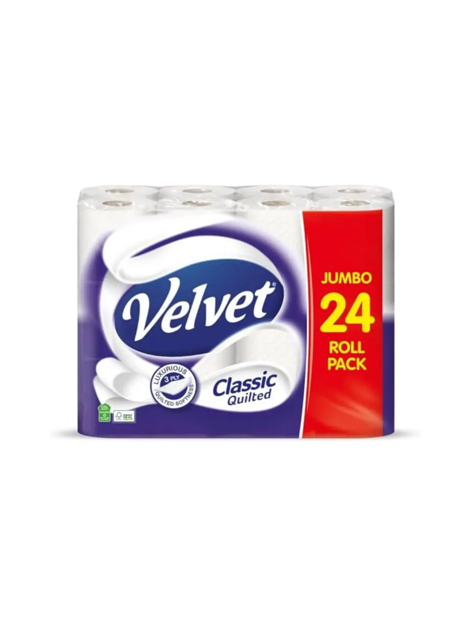 Velvet Classic Quilted Toilet Tissue 24 Rolls - Luxuriously Soft, Strong and Absorbent Toilet Roll - Jumbo Bulk Pack 24 Rolls - 3-ply - White