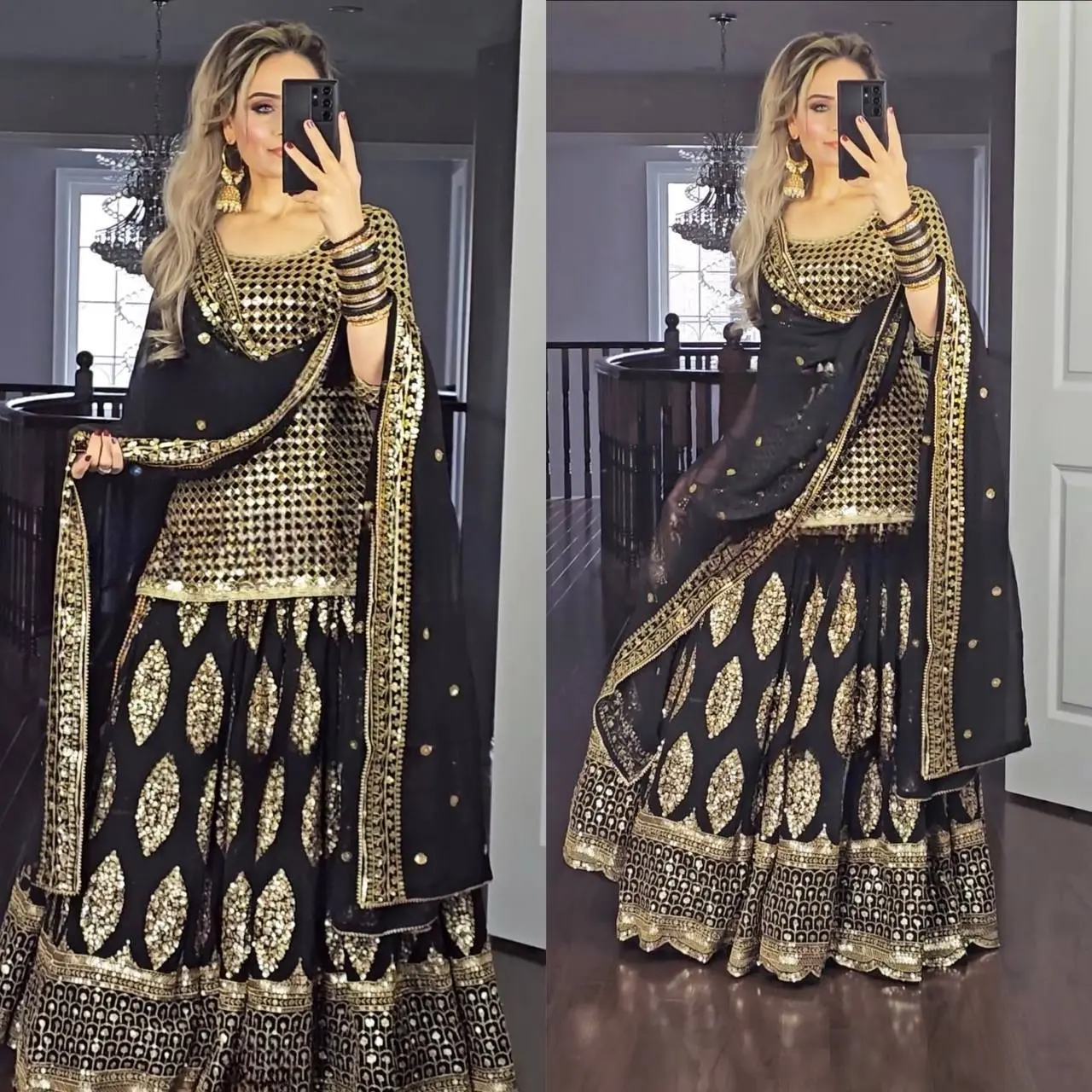 Pre order black Long Koti Lengha. Indian designer Lengha Choli. Beautiful Wear Long top Chanya Choli.  Readymade Stylish Sharara Set, Gift for Her