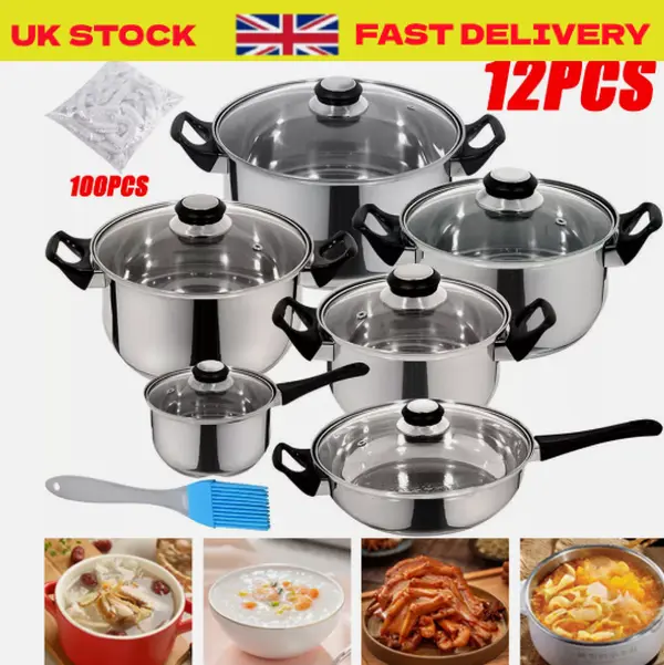 12 Piece Stainless Steel Cookware Saucepan Set Pan Pot Kitchen Cooking Glass Lid