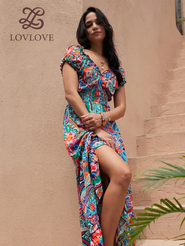 LovLove 1300 brand woman Floral print spaghetti ruffle hem off shoulder backless cami  asymmetric womens fashion bohemian dress 1