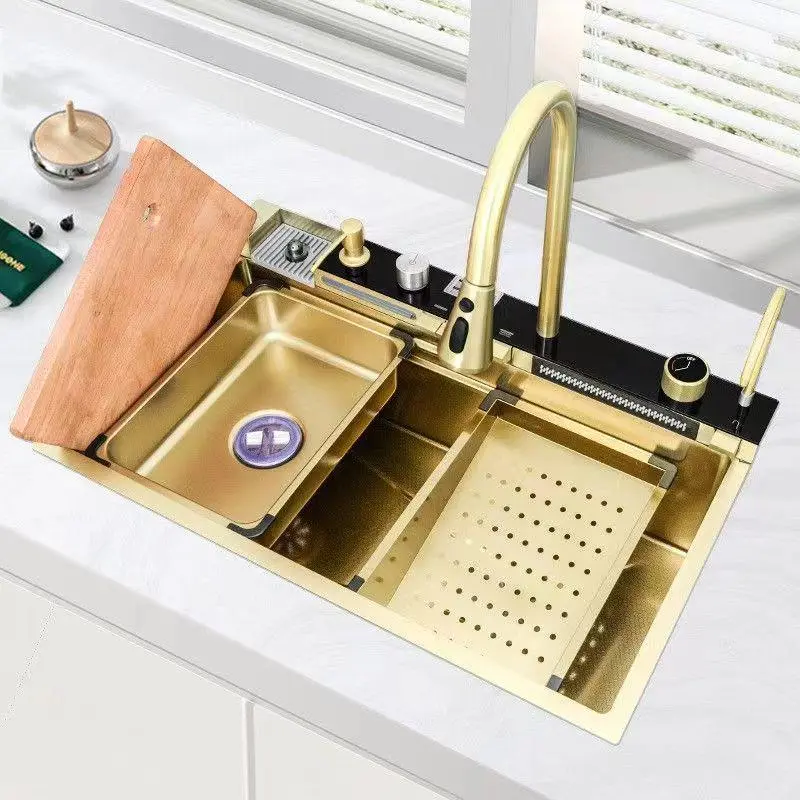 Gold Multifunctional Kitchen Waterfall Sink Digital Display Large Single Sink Dish Basin Sink 304 Stainless Steel news  ink top  sink sink  accessories