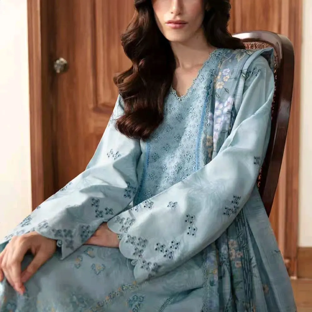 WomenRepublic Calendula Dress in Stone Blue with Self Jacquard and Monar Silk Dupatta Embroidered Casual Printed Summer 100% ORIGINAL