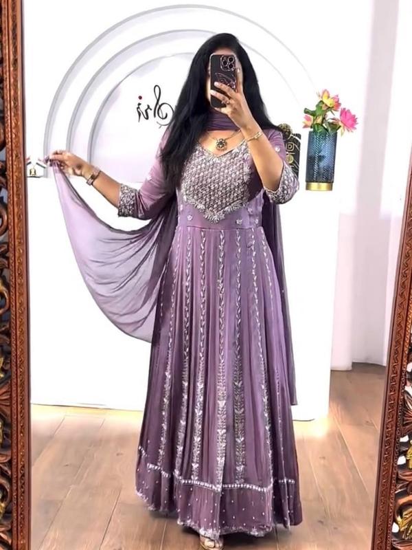 Luxury Embroidered Chinon Gown with Dupatta Comfort Outfit Traditional Women Womenswear Dress Dupatta Elegance Embroidery Elegant Soft Flared Flowy Formal Matching Party Piece Round Neck Sequins Sleeves Sleeves Statement 5
