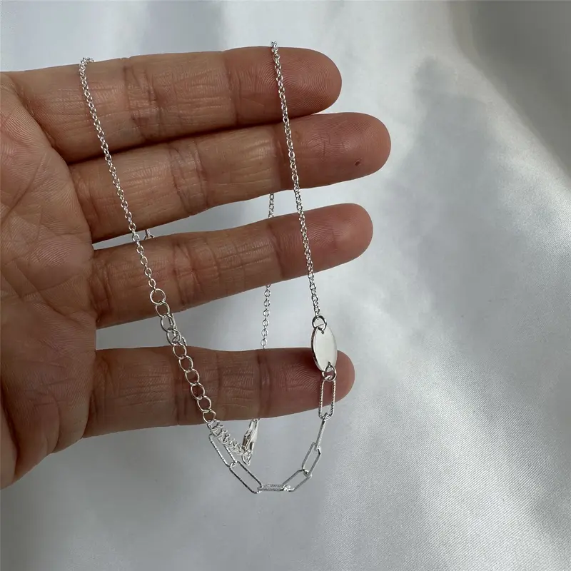 Sterling Silver Engravable Disc Long Hammered Link Necklace 5