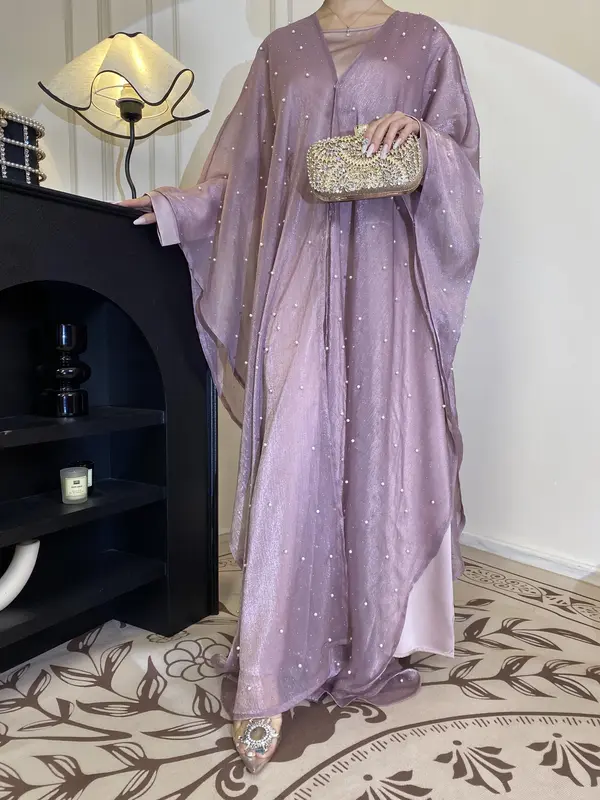 Star Light Abaya, Shiny abaya two-piece set, abaya cardigan and base layer dress 7