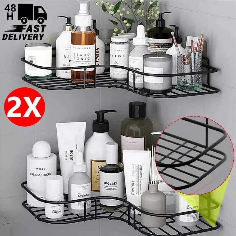 2PCS Bathroom Counter Organizer, Shower Organizer L-Shaped Stainless Steel Corner Shower Caddy with Hooks, No-Drill Rustproof Shower Shelves for Shower, Kitchen and Apartment Storage Basket Rack