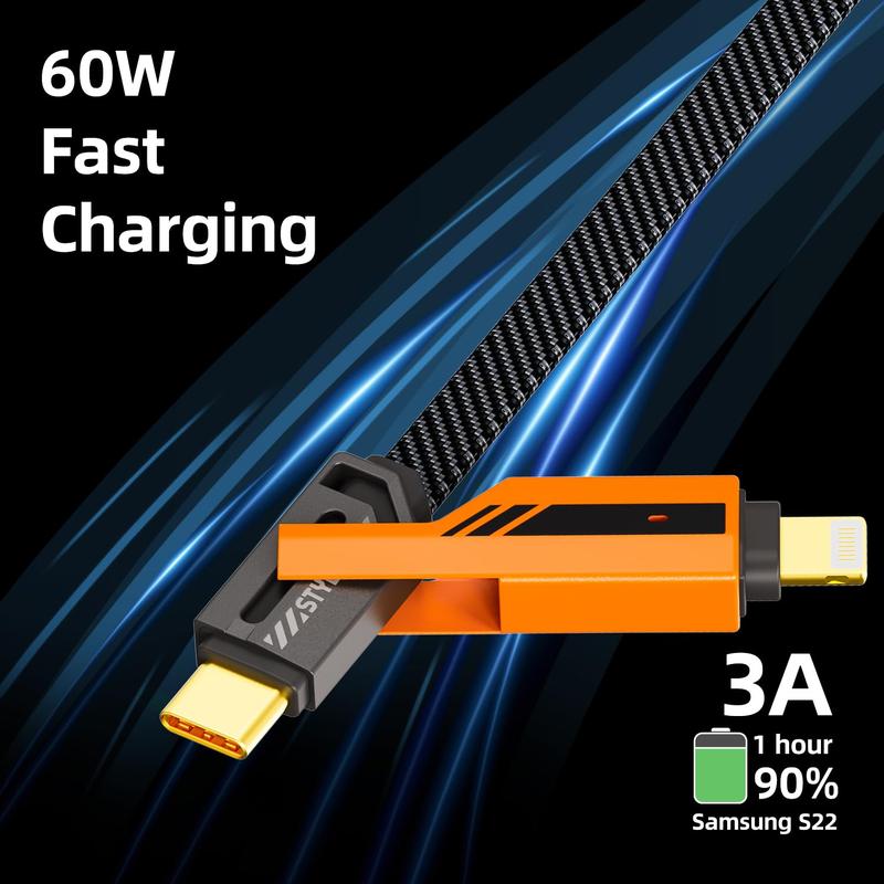concepta london USB C to Lightning Cable [60W Fast Charging Data Sync] Nylon Braided iPhone iPad Charger Cable, Multi Charger Cable, 4 in 1 With Lightning/USB C/USB A Ports,  Yellow , Black Alloy Mobile Android Cord Devices Electronic Smartphone Cellphone 5
