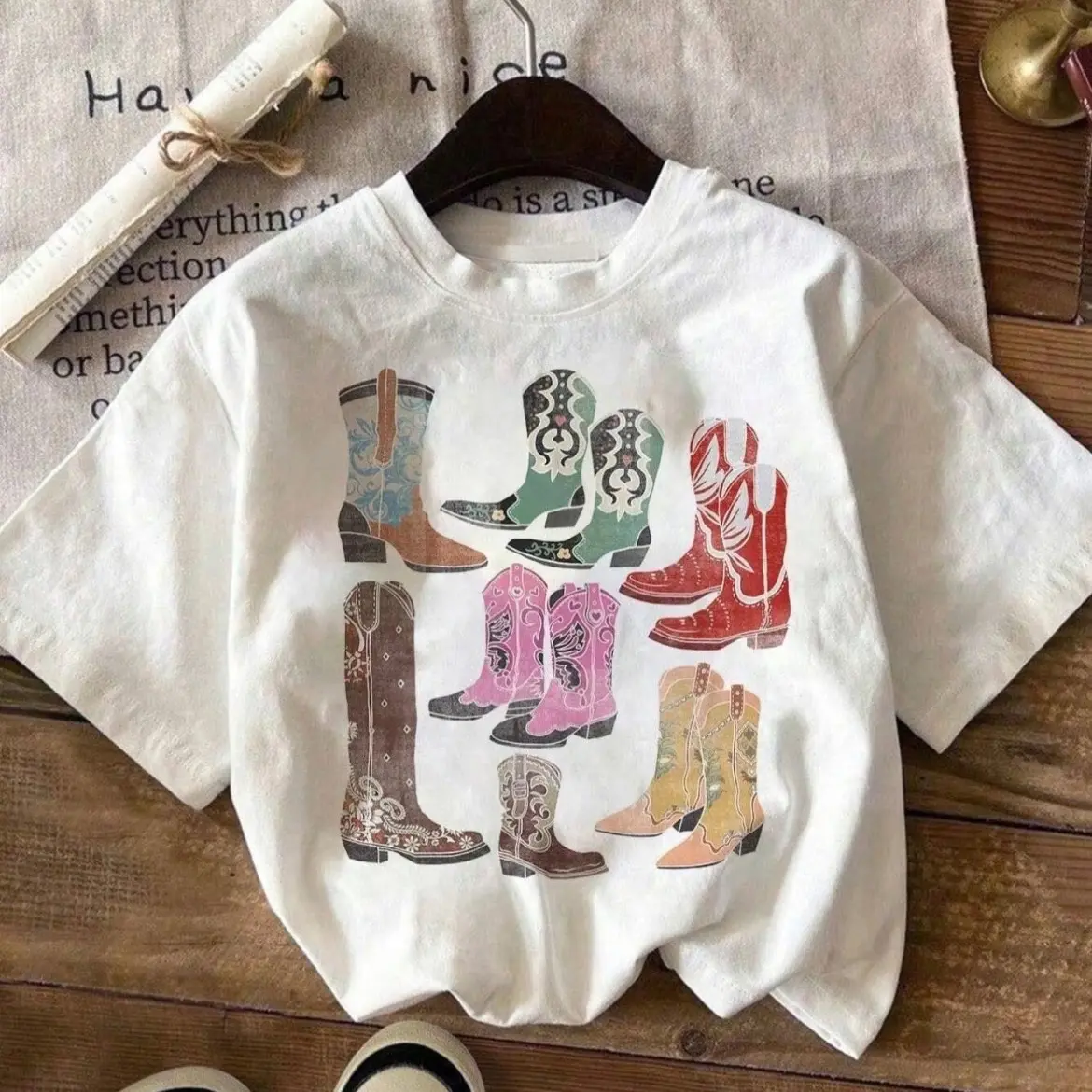 Issy Cowboy Print Casual White Tshirt- Women’s