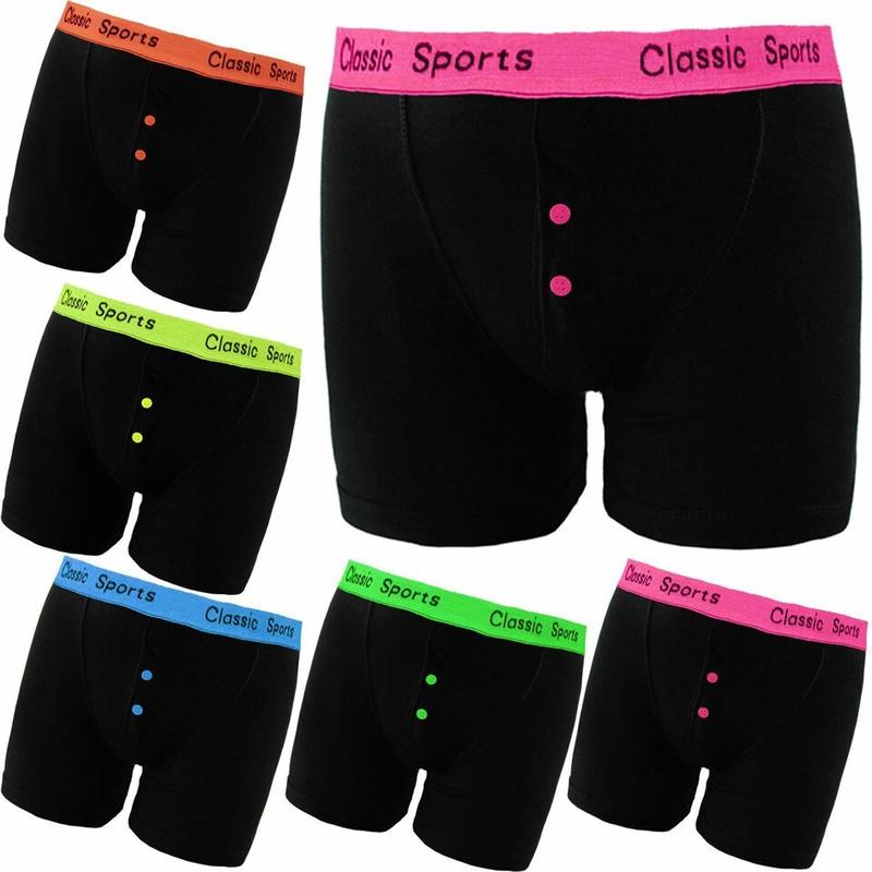 Men's Boxers Shorts Black With Neon Band Underwear Button Fly Cotton Fit UK Size S-2XL 1