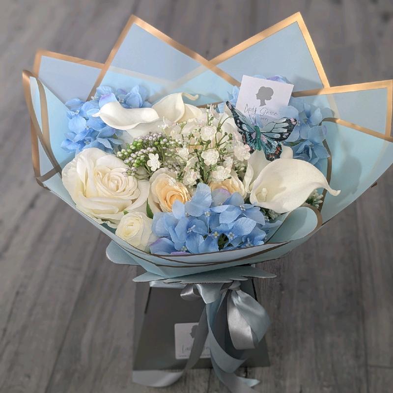 Blue Silk Flowers Handtied Bouquet Gift 3