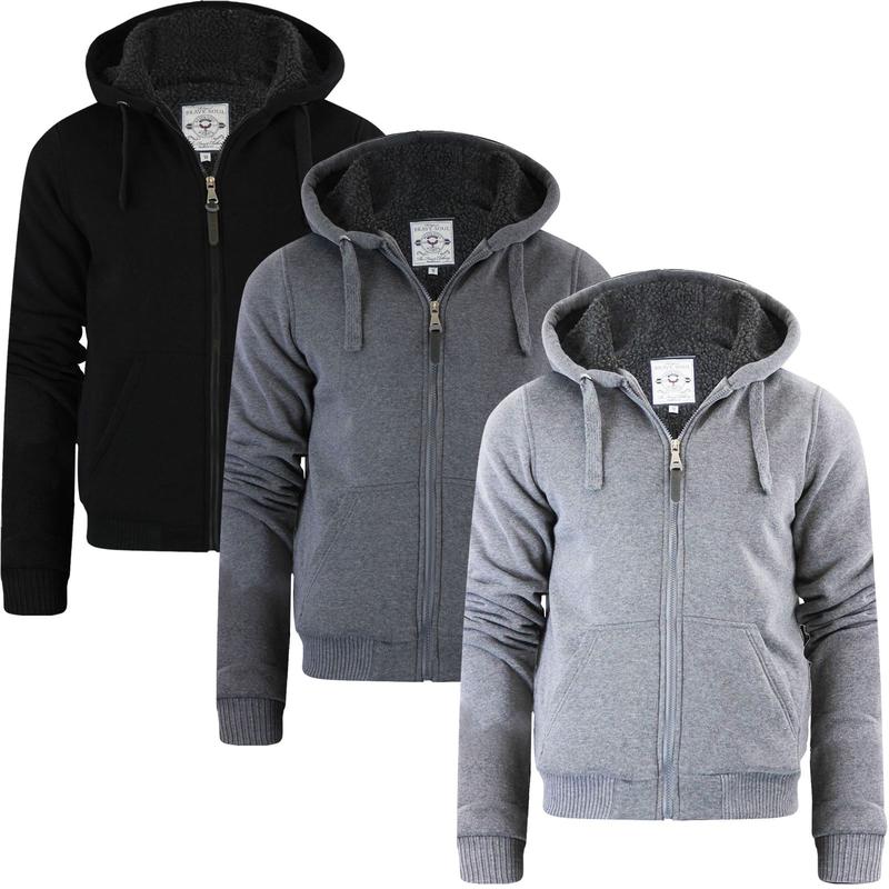 Mens Brave Soul Fur Lined Zip Up Hoodie Sherpa Borg Sweatshirt Winter Jacket New Menswear Pocket 0