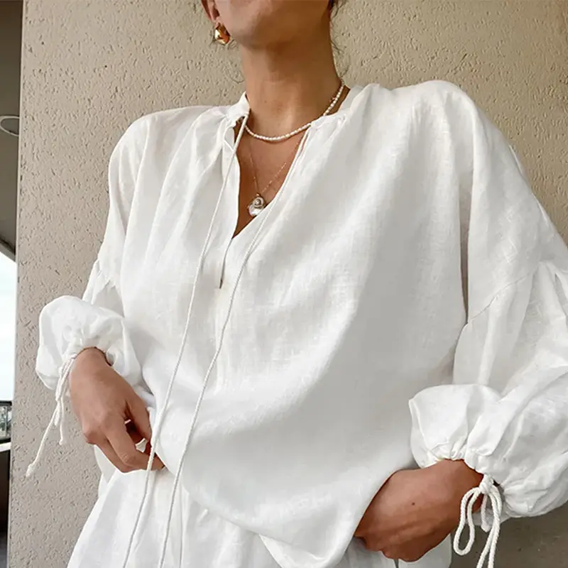 White V-neck Long Sleeve Lace Up Blouse Shorts Sets Women Lace Up Shirt Elastic Waist Shorts Suit Summer Casual Vacation Outfits 4
