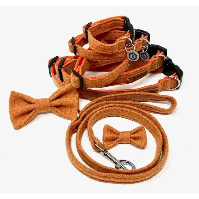 Dog Collar with matching Lead and Bow Tie - Plain Orange Tweed