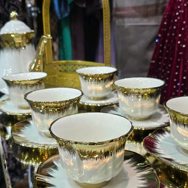 Elegant Turkish Ceramic Tea Set with Golden & Silver Accents and Stand for Tea Lovers - Teacup 2