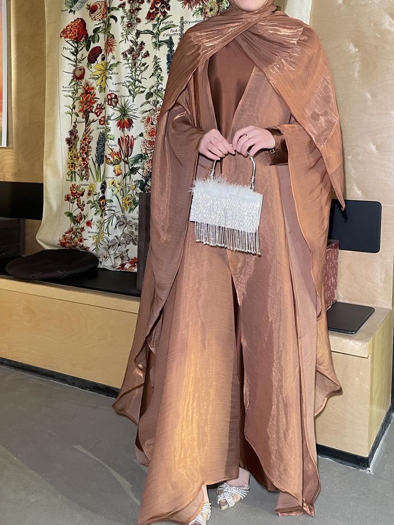 Product Introduction of #LY06  Ramadan Promotion Three-piece Elegant butterfly organza abaya set, shimmer abaya set with inner dress and hijab 5