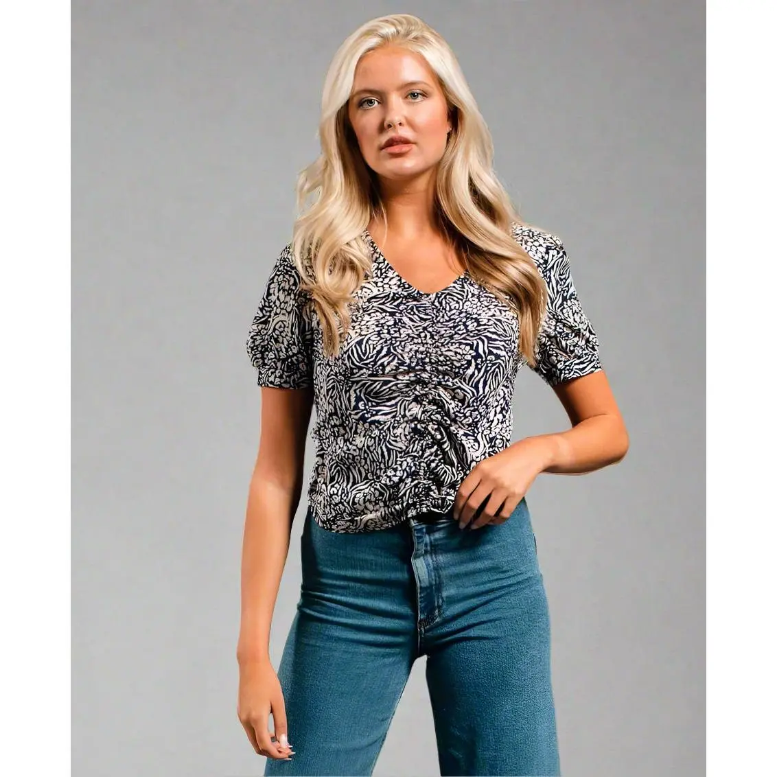 Navy Animal Printed Ruched Top