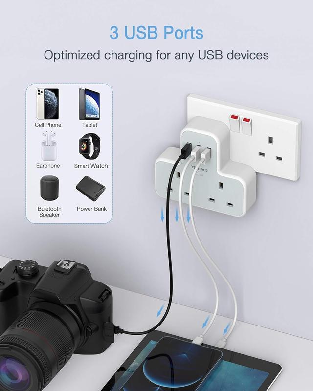 Plug Adapter with 3 USB Plug, TESSAN Double Plug Adaptor Extension Plug, 2 Way Multi Plug Extension with USB Charger Plug, Slim Multiple Plug Socket UK for Kitchen, Office, School Supplies 2