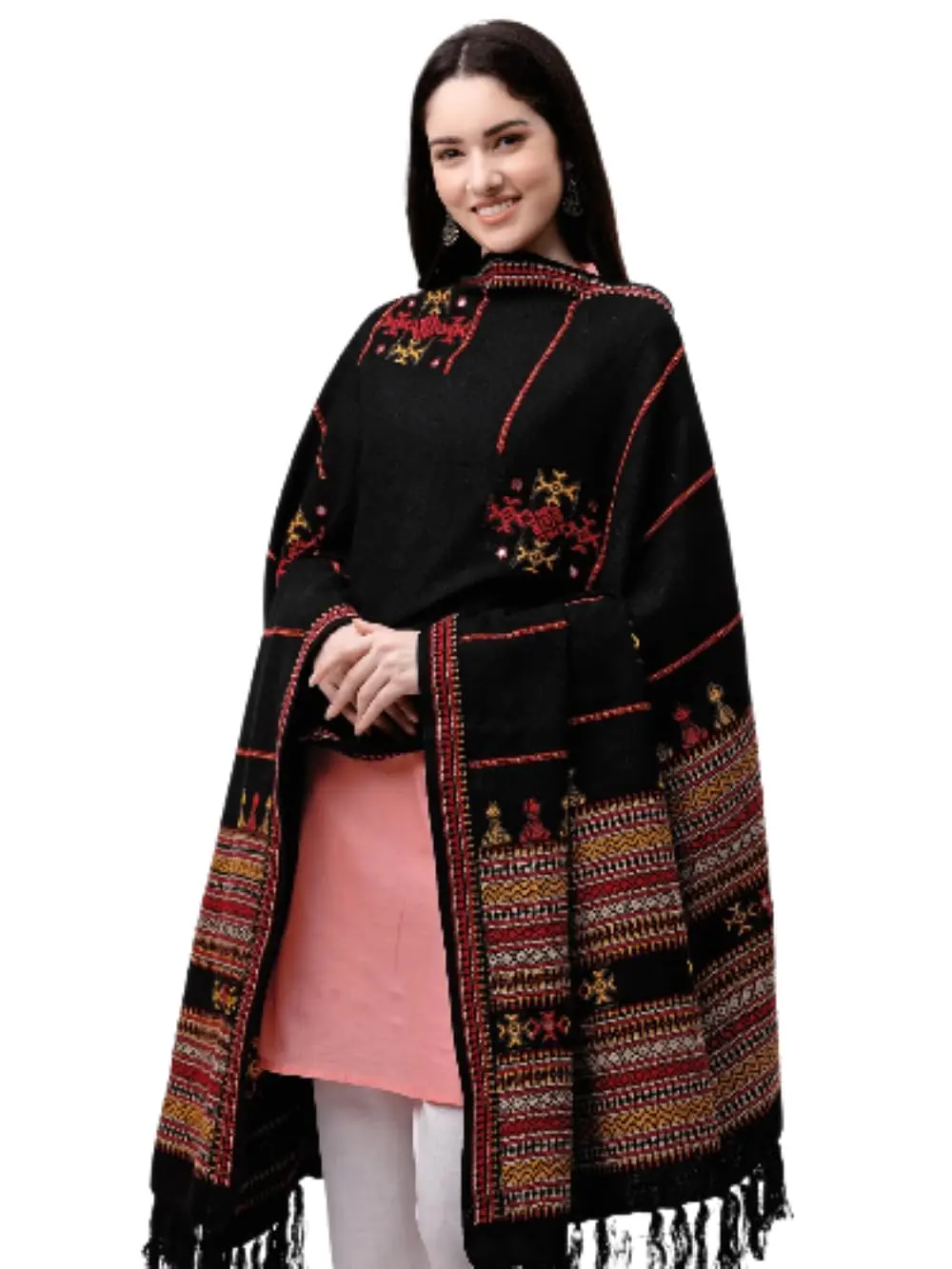Estationeryhouse Kashmiri Woolen super foil work Embroidery Pashmina Indian Shawl Stole Scarf Chomukh disco design 80x38 inches (Black)