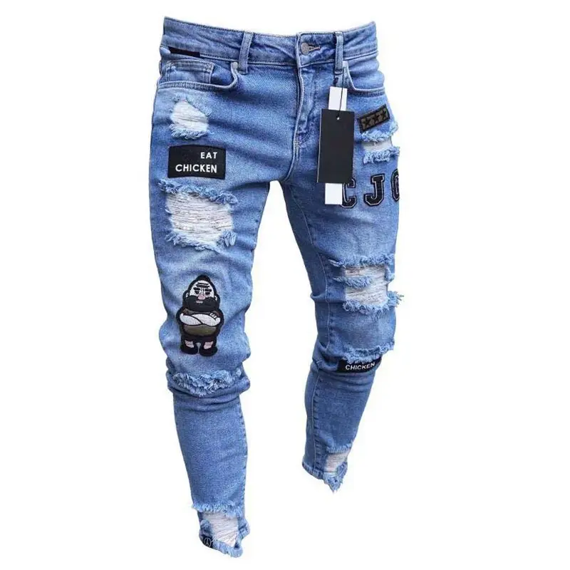Embroidered jeans men cotton elastic ripped skinny jeans slim fit loose jeans men trousers streetwear 7