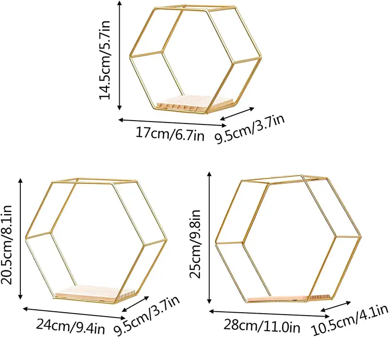 Set of 3 Metal Hanging Storage Shelves, Geometric Hexagon Shaped Wall Mounted Floating Shelves for Bedroom Bathroom Decor (Gold) 4