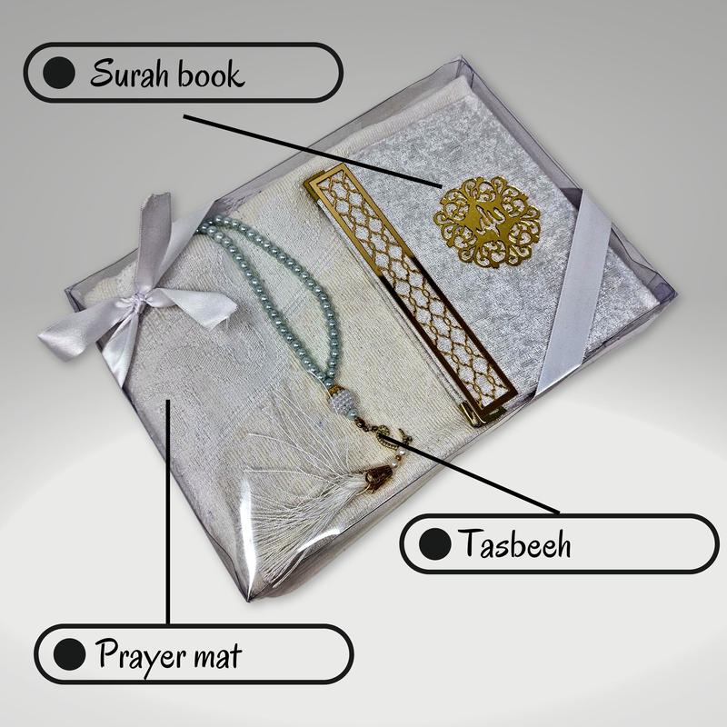 Yaqeen Islamic Gift Set (Surah Booklet, Prayer Beads Tasbeeh + Prayer Rug) Namaz Oriental Muslim Carpet Janamaz Sajadah, Hajj Umrah Ramadan Eid Wedding Niqah Gift Muslimah Velvet Cover Quran Muslim gift 3