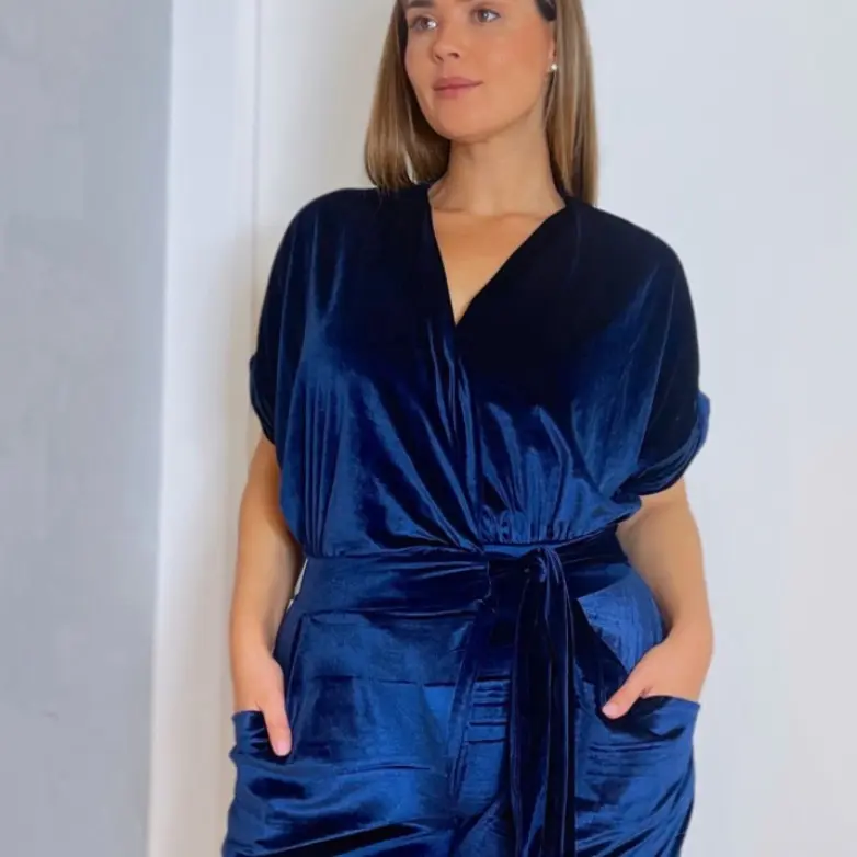 Velvet Wrap Front Tie Waist Jumpsuit
