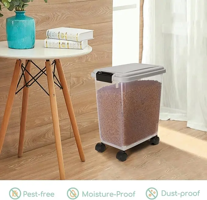 Dog Food Storage, 20L/7.5KG Airtight Pet Food Storage Container with Wheels and Measuring Scoop, Safe & Eco, Flip-Up Lid Dog Cat Animal Dry Food Seed Dispenser Plastic Bin Large Transparent 1