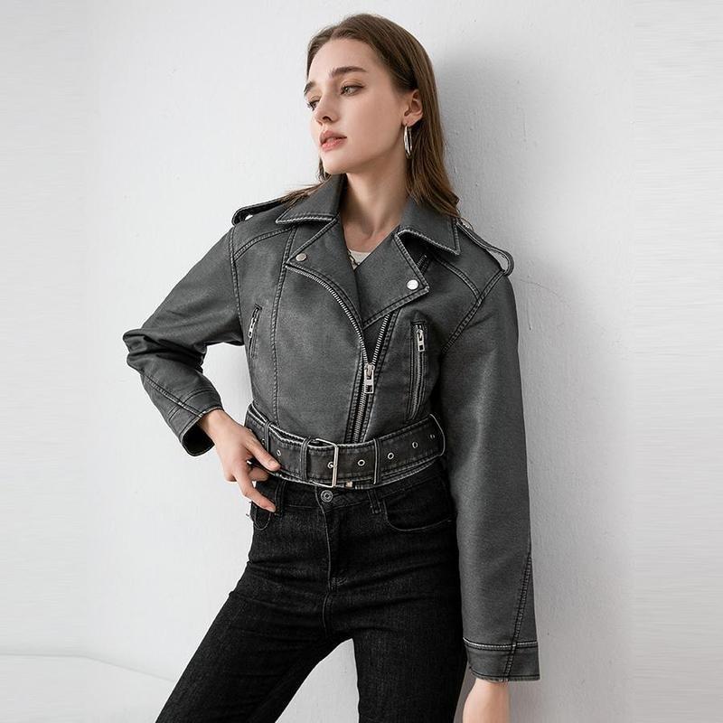 【2025】Premium Faux Leather Jacket coat  for Women,Solid Color Pocket Zipper PU Cropped Collared Long Sleeve Biker Faux Leather Jacket, Street Fashion Casual with Removable Belt Zipper Pocket for Autumn&Winter,New year/Christimas gift,fast delivery 5