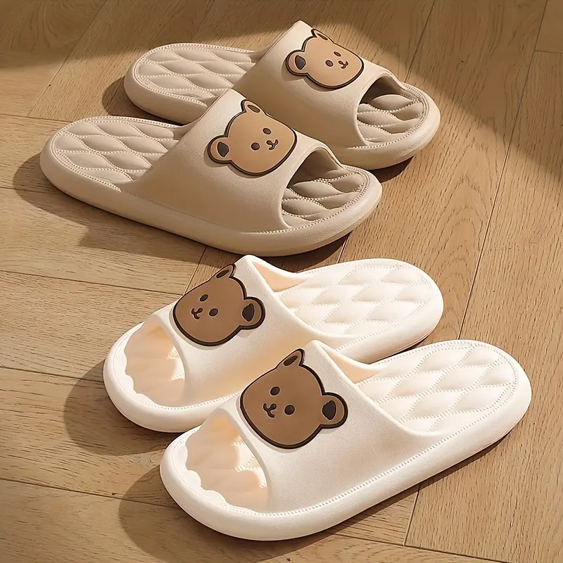 Unisex Solid Colour & Bear Pattern Open Toe Breathable Slippers, Comfy Non Slip Casual Soft Sole EVA Slides For Men's & Women's Indoor Activities