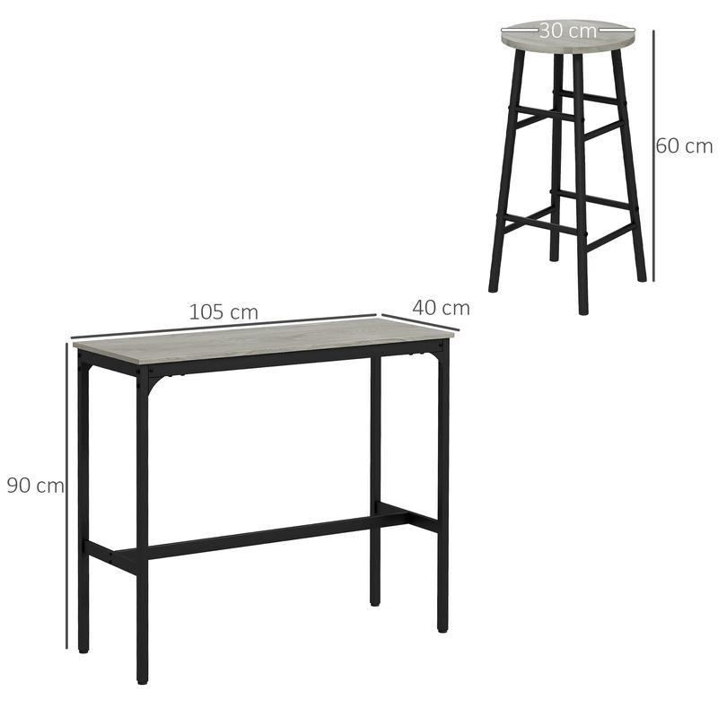 3 Piece Bar Table Set with 2 Stools, Industrial Bar Table and Stool Set, Dining Table and Chair Set for Small Space, Grey 2
