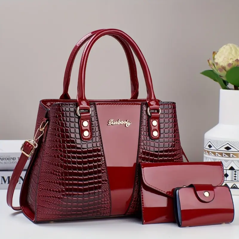3pcs Elegant Faux Leather Satchel with Crocodile Pattern, Sequined, Spacious Multi-Functional Bag, Lightweight Fashion Handbag with Zip Closure and Fixed Shoulder Straps, with Spandex Lining for Women