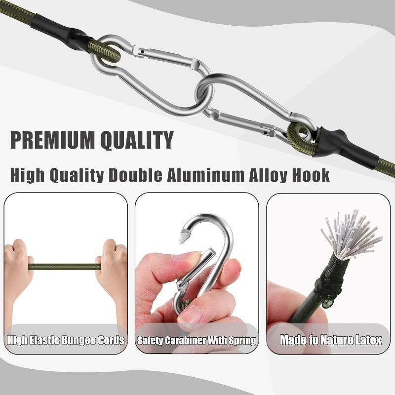 4pcs Heavy Duty Bungee Cords with Carabiner Hooks – 12 Inch Flexible Elastic Rope for Camping, Luggage, Cargo & More – Green, Black, Gray, White Straps with Metal Hooks, Durable and Versatile for Securing Loads, Travel Bag Strap Bungees 3